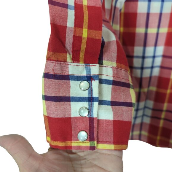Vintage Ruddock Men's Long-Sleeve Shirt Red Plaid Western Shirt Pearl Snap sz M - Picture 8 of 16